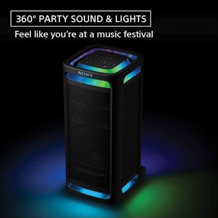 Sony ULT TOWER 9AC party speaker lit up with 360-degree party lighting