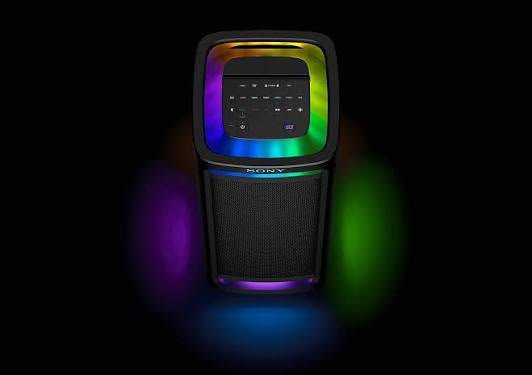 Sony ULT TOWER 9AC party speaker glowing with coloured party lights against a dark background